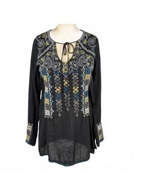 BIYA by Johnny Was Black Long Sleeve Sheer Tunic with Multicolor Embroidery